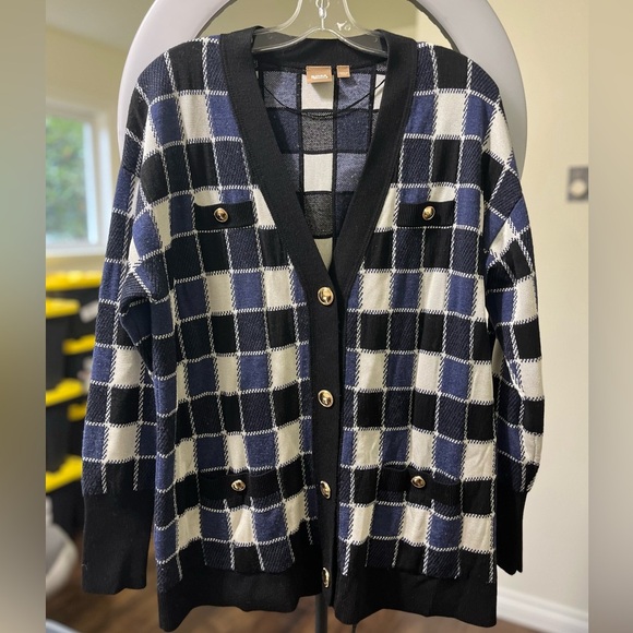 BOSS Fiabetta Tile Print Cardigan Black Plaid Knit - Picture 15 of 16